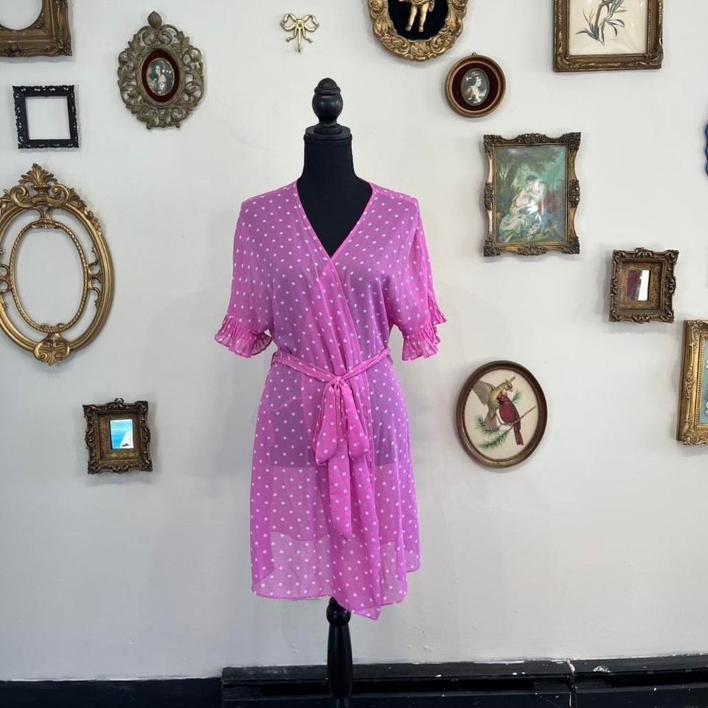 In Bloom by Jonquil Pink Polka Dot Chiffon Wrap Robe Dress – Size L